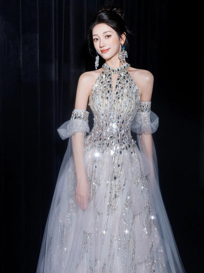 Robe de soirée sexy pour femme, coupe trapèze, col montant, sequins lilas, manches longues, robe de bal, tenue de soirée, robe tendance N1810