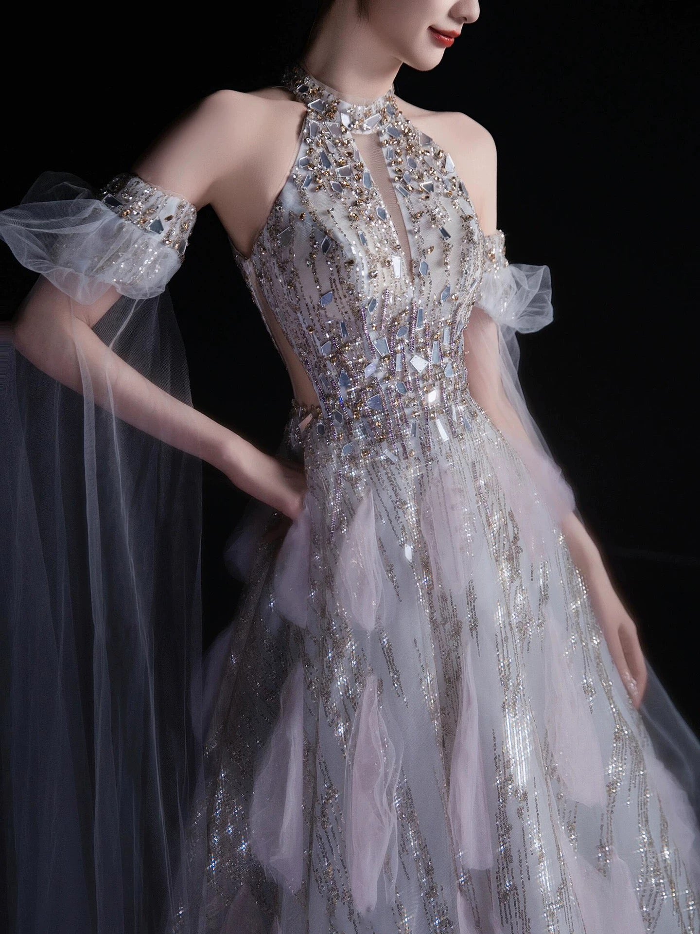 Robe de soirée sexy pour femme, coupe trapèze, col montant, sequins lilas, manches longues, robe de bal, tenue de soirée, robe tendance N1810
