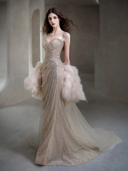 Sexy Evening Dresses Women Mermaid Spaghetti Straps Champagne Long Prom Gown Party Wear Fashion Dresses N1813