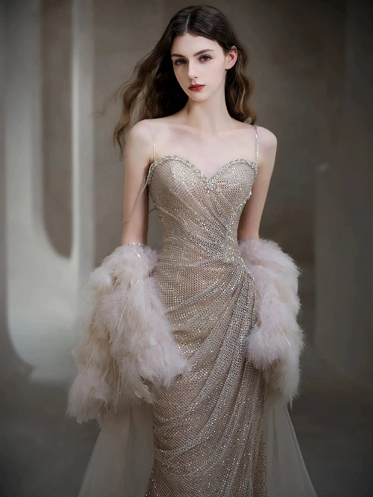 Sexy Evening Dresses Women Mermaid Spaghetti Straps Champagne Long Prom Gown Party Wear Fashion Dresses N1813