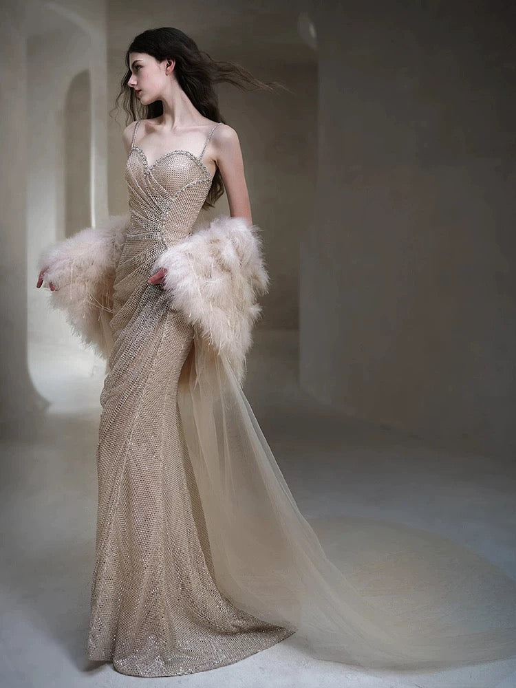Sexy Evening Dresses Women Mermaid Spaghetti Straps Champagne Long Prom Gown Party Wear Fashion Dresses N1813