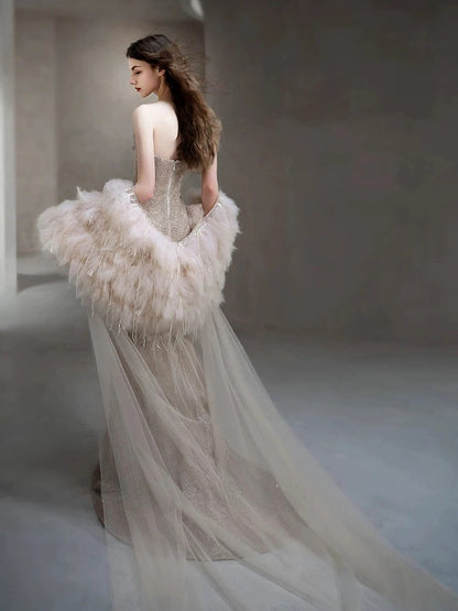 Sexy Evening Dresses Women Mermaid Spaghetti Straps Champagne Long Prom Gown Party Wear Fashion Dresses N1813