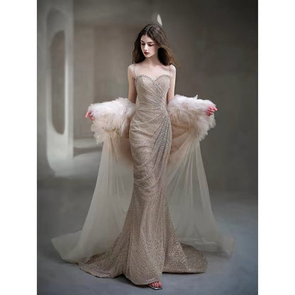 Sexy Evening Dresses Women Mermaid Spaghetti Straps Champagne Long Prom Gown Party Wear Fashion Dresses N1813