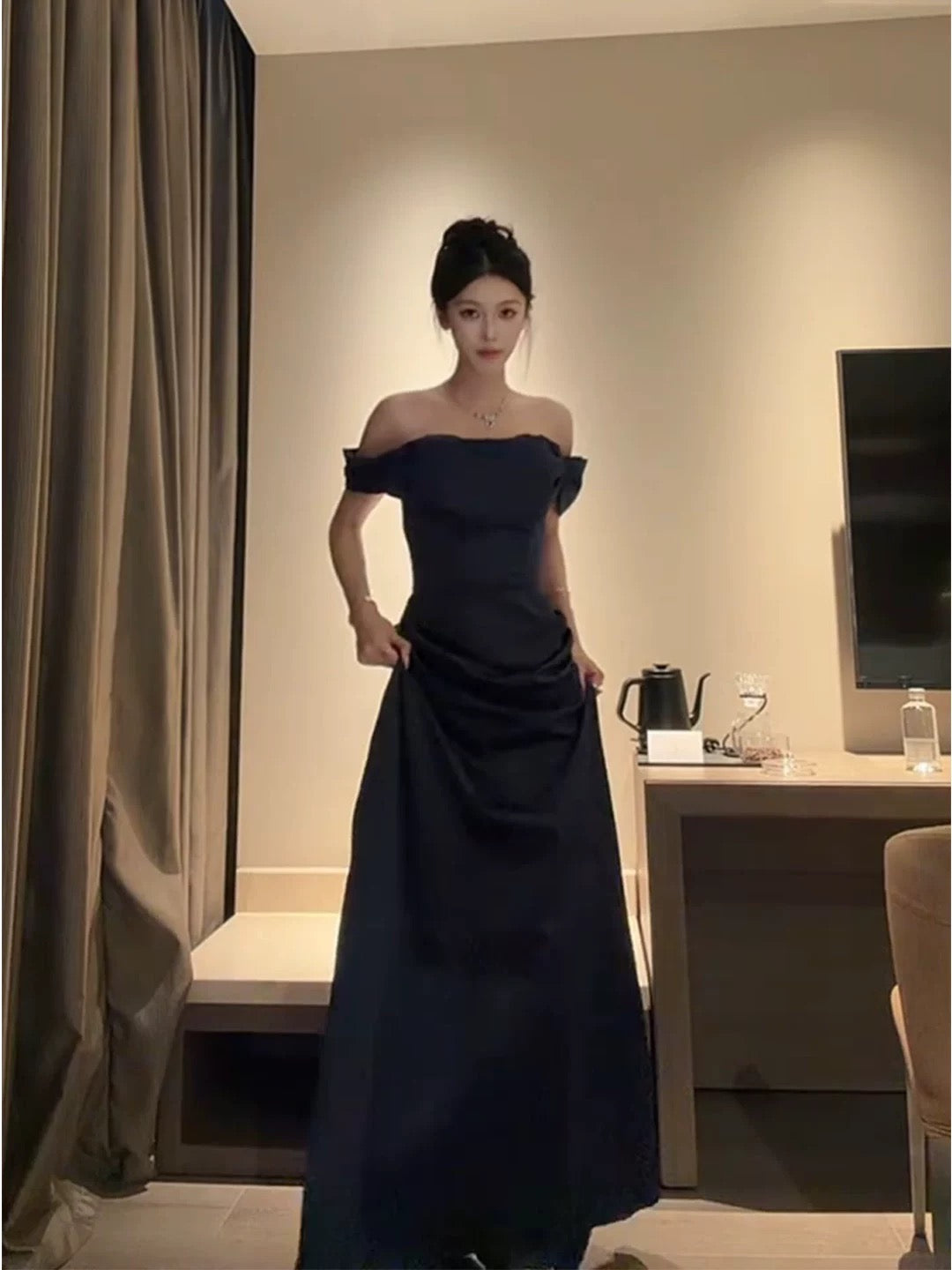 Robe de soirée sexy pour femme, coupe trapèze, épaules dénudées, en satin noir à manches longues, robe de bal, tenue de soirée, robe tendance N1812