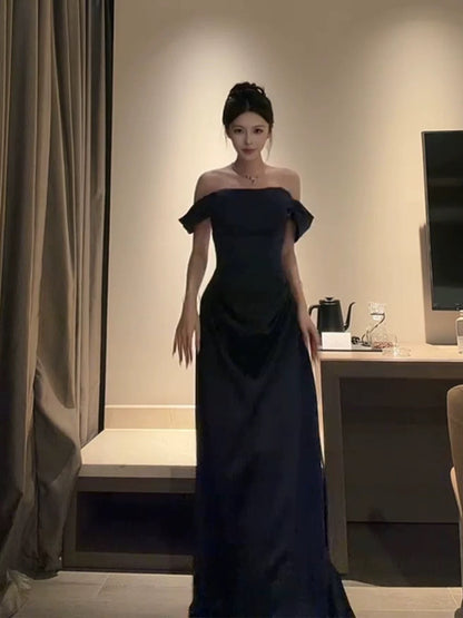 Robe de soirée sexy pour femme, coupe trapèze, épaules dénudées, en satin noir à manches longues, robe de bal, tenue de soirée, robe tendance N1812