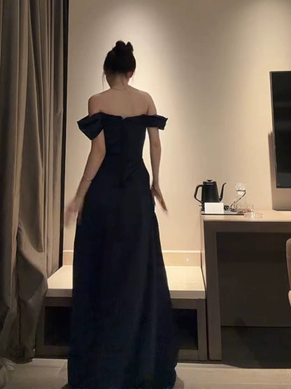 Robe de soirée sexy pour femme, coupe trapèze, épaules dénudées, en satin noir à manches longues, robe de bal, tenue de soirée, robe tendance N1812