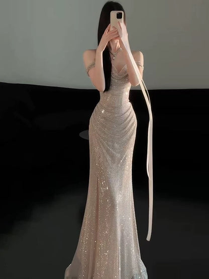 Robe de soirée sexy sirène épaules dénudées champagne à sequins manches longues, robe de bal, tenue de soirée, robe tendance N1814
