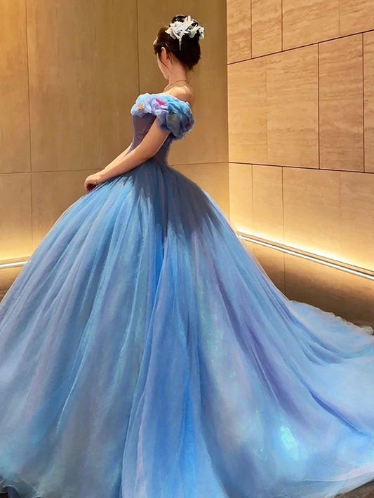 Cute Ball Gown Off The Shoulder Blue Tulle Sweet 16 Dresses Quinceanera Dress Long 15 Vestidos De Fiesta N1815