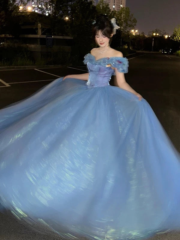 Niedliches Ballkleid, schulterfrei, blauer Tüll, Sweet 16 Kleider, Quinceañera Kleid, lang, 15 Vestidos De Fiesta N1815