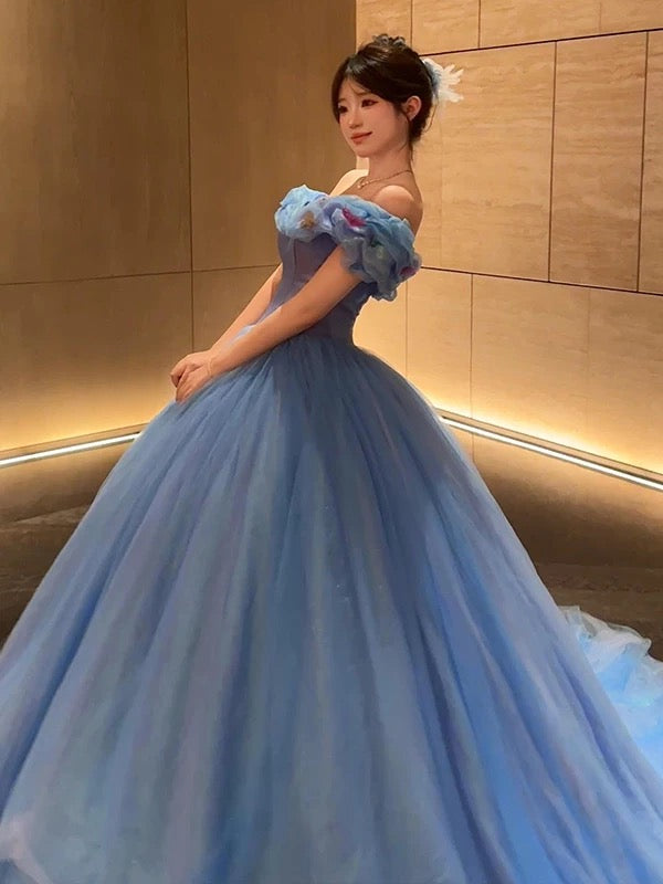 Niedliches Ballkleid, schulterfrei, blauer Tüll, Sweet 16 Kleider, Quinceañera Kleid, lang, 15 Vestidos De Fiesta N1815