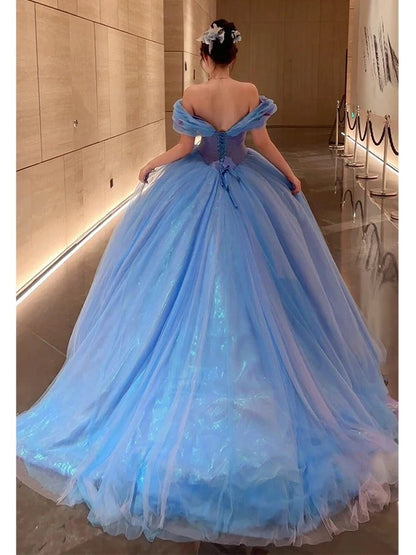 Niedliches Ballkleid, schulterfrei, blauer Tüll, Sweet 16 Kleider, Quinceañera Kleid, lang, 15 Vestidos De Fiesta N1815