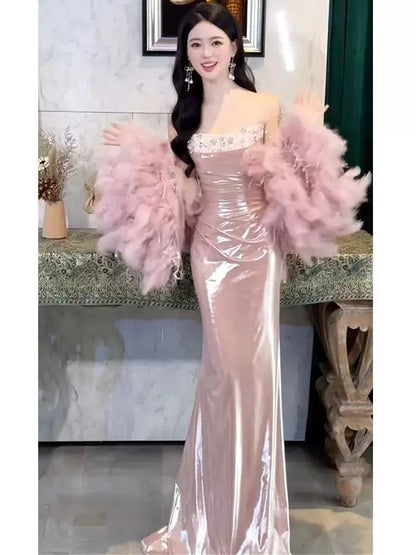 Robe de soirée sexy sirène à bretelles spaghetti rose longue, robe de bal, tenue de soirée, robe tendance N1817
