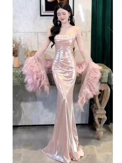 Robe de soirée sexy sirène à bretelles spaghetti rose longue, robe de bal, tenue de soirée, robe tendance N1817