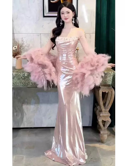 Robe de soirée sexy sirène à bretelles spaghetti rose longue, robe de bal, tenue de soirée, robe tendance N1817