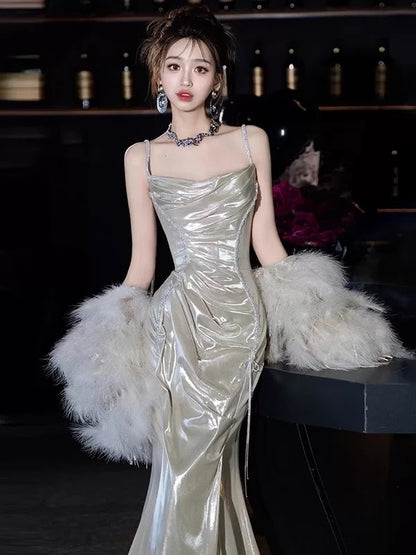 Robe de bal longue argentée à fines bretelles, style sirène, pour femme sexy, N1818