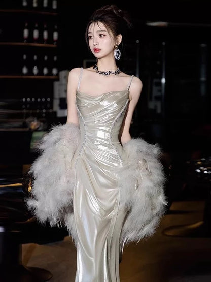 Robe de bal longue argentée à fines bretelles, style sirène, pour femme sexy, N1818