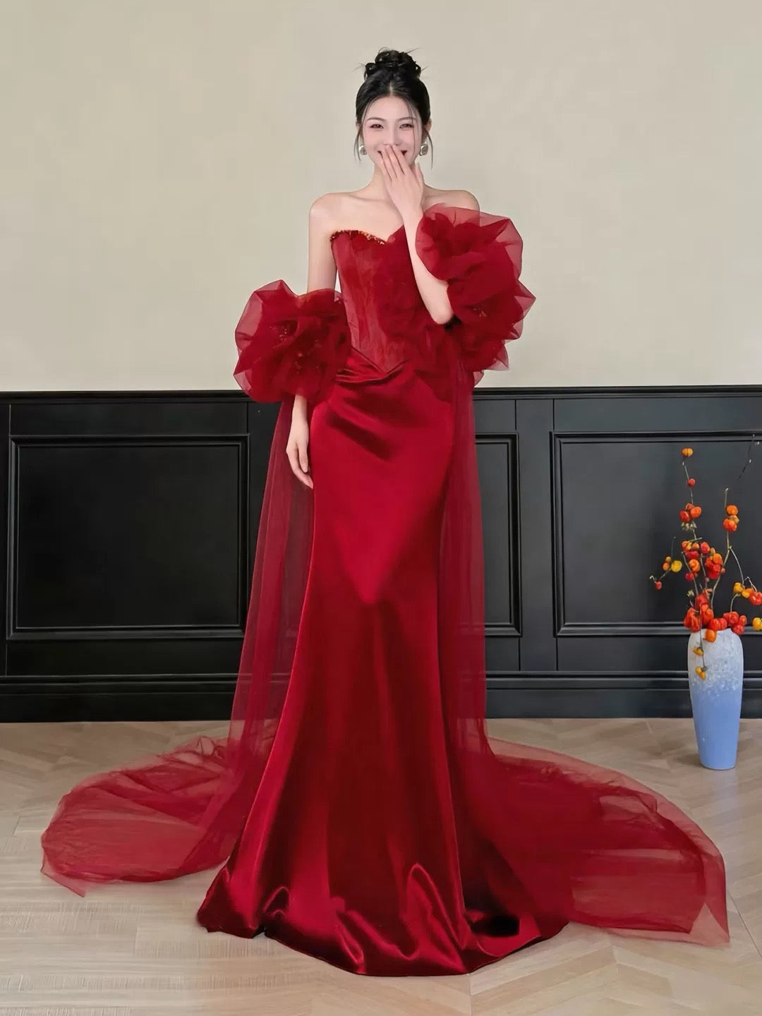Sexy Meerjungfrauen-Abendkleid aus rotem Tüll und Spitze, langes Ballkleid, Partykleid, Modekleid N1820