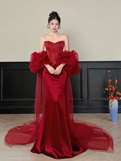 Sexy Meerjungfrauen-Abendkleid aus rotem Tüll und Spitze, langes Ballkleid, Partykleid, Modekleid N1820