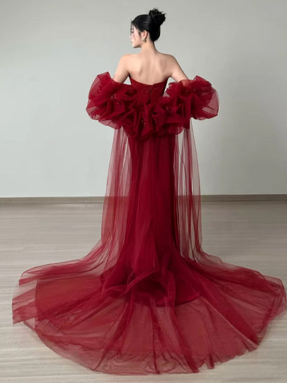 Sexy Meerjungfrauen-Abendkleid aus rotem Tüll und Spitze, langes Ballkleid, Partykleid, Modekleid N1820