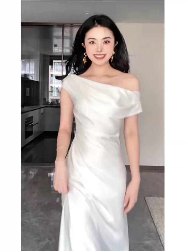Robe de bal longue blanche sirène simple à épaules dénudées, N1822