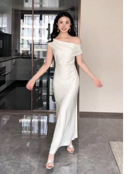 Robe de bal longue blanche sirène simple à épaules dénudées, N1822