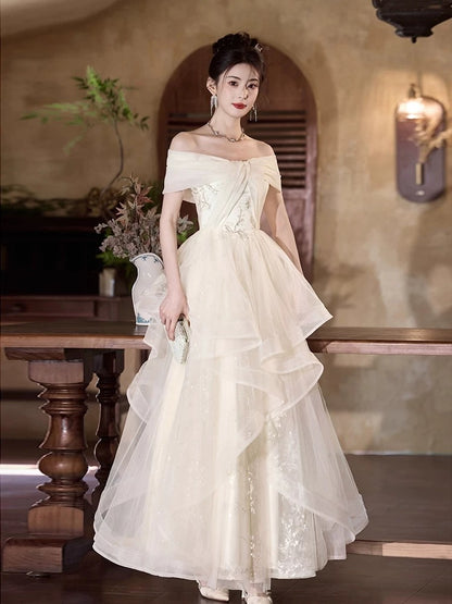 Robe de bal charmante à épaules dénudées en tulle blanc, longue robe de soirée tendance N1823