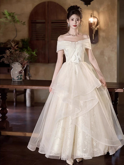 Robe de bal charmante à épaules dénudées en tulle blanc, longue robe de soirée tendance N1823