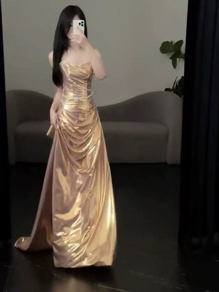 Robe de soirée sexy sirène bustier à volants dorés, longue robe de bal, tenue de soirée tendance N1821