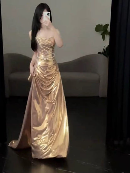 Robe de soirée sexy sirène bustier à volants dorés, longue robe de bal, tenue de soirée tendance N1821