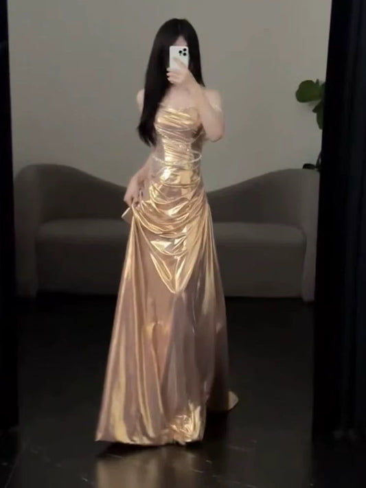 Sexy Women Mermaid Off The Shoulder Gold Long Prom Gown Party Wear Fashion Dresses N2045