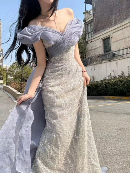 Robe de soirée sexy sirène à épaules dénudées lilas à sequins et manches longues, robe de bal, tenue de soirée, robe tendance N1811