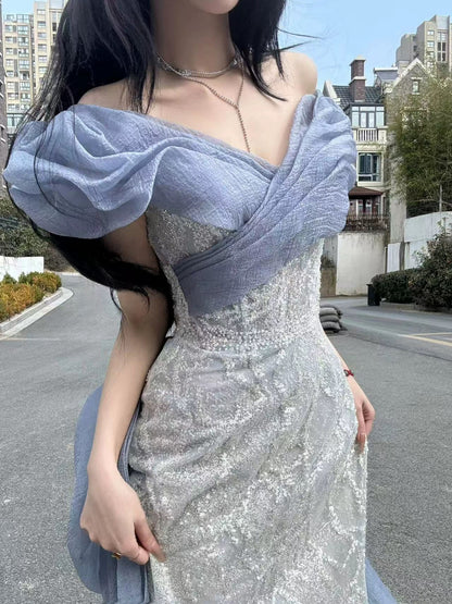 Robe de soirée sexy sirène à épaules dénudées lilas à sequins et manches longues, robe de bal, tenue de soirée, robe tendance N1811