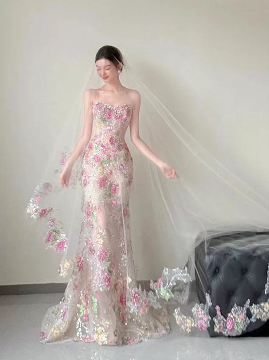 Sexy Women Mermaid Sweetheart Floral Lace Long Prom Gown Party Wear Fashion Dresses N2046