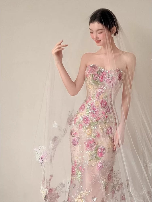 Sexy Women Mermaid Sweetheart Floral Lace Long Prom Gown Party Wear Fashion Dresses N2046