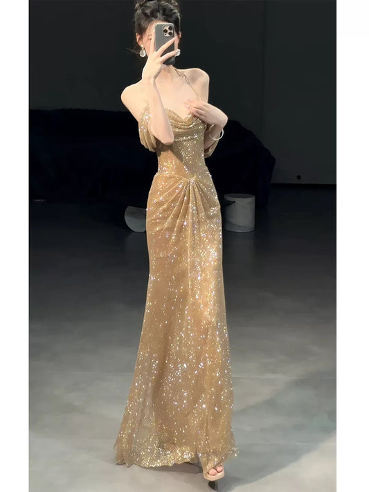 Sexy Women Mermaid Off The Shoulder Gold Sequin Long Prom Gown Party Wear Fashion Dresses N2044