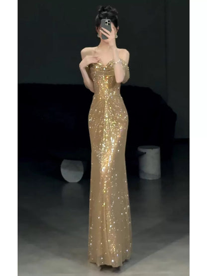 Superbes robes de soirée sirène à paillettes dorées et épaules dénudées pour femmes N2044