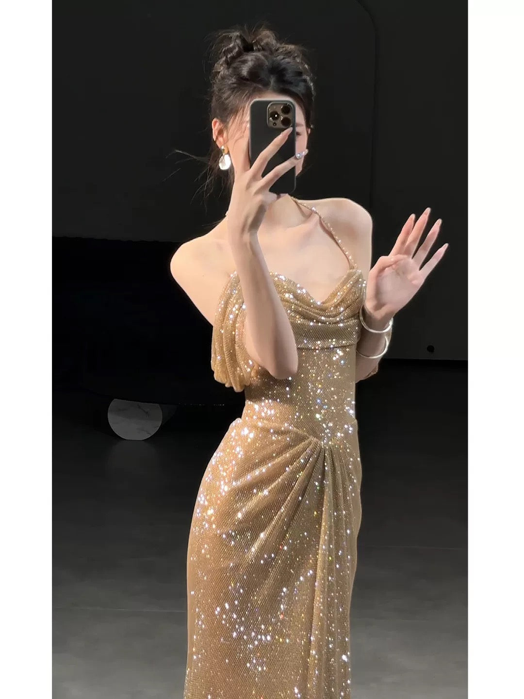 Superbes robes de soirée sirène à paillettes dorées et épaules dénudées pour femmes N2044