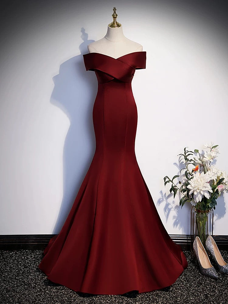 Sexy Damen Meerjungfrau schulterfrei Burgunder Satin Lange Ballkleid Partykleid Modekleider N2047