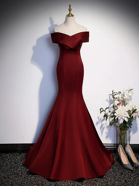 Sexy Women Mermaid Off The Shoulder Burgundy Satin Long Prom Gown Party Wear Fashion Dresses N2047