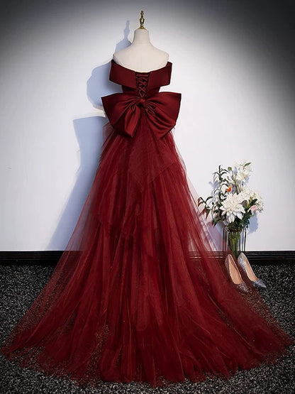 Sexy Damen Meerjungfrau schulterfrei Burgunder Satin Lange Ballkleid Partykleid Modekleider N2047