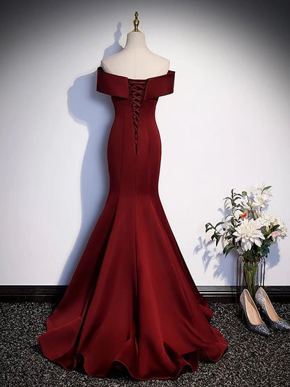 Sexy Damen Meerjungfrau schulterfrei Burgunder Satin Lange Ballkleid Partykleid Modekleider N2047