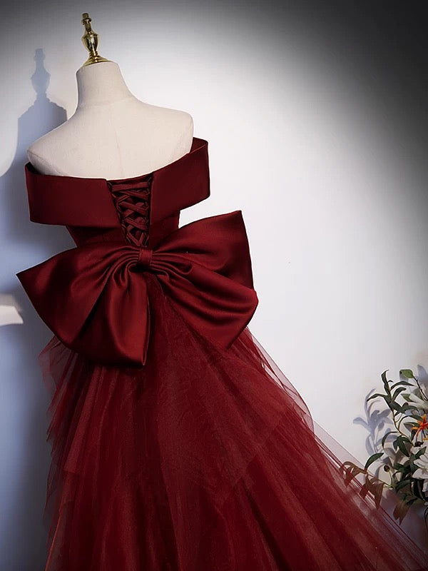 Sexy Damen Meerjungfrau schulterfrei Burgunder Satin Lange Ballkleid Partykleid Modekleider N2047
