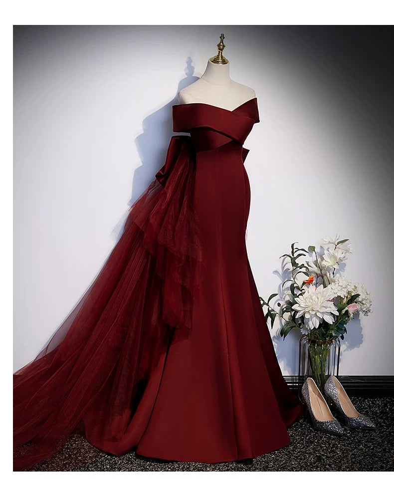 Sexy Damen Meerjungfrau schulterfrei Burgunder Satin Lange Ballkleid Partykleid Modekleider N2047