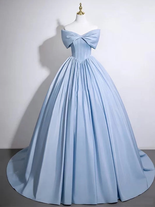 Cute Ball Gown Off The Shoulder Blue Satin Sweet 16 Dresses Quinceanera Dress N2045