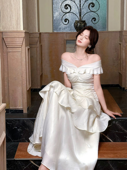 Elegantes Meerjungfrauenkleid schulterfrei weiß mit kurzen Ärmeln, lange Abendkleider, Ballkleider N2046