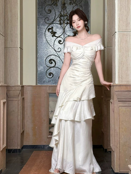 Elegantes Meerjungfrauenkleid schulterfrei weiß mit kurzen Ärmeln, lange Abendkleider, Ballkleider N2046
