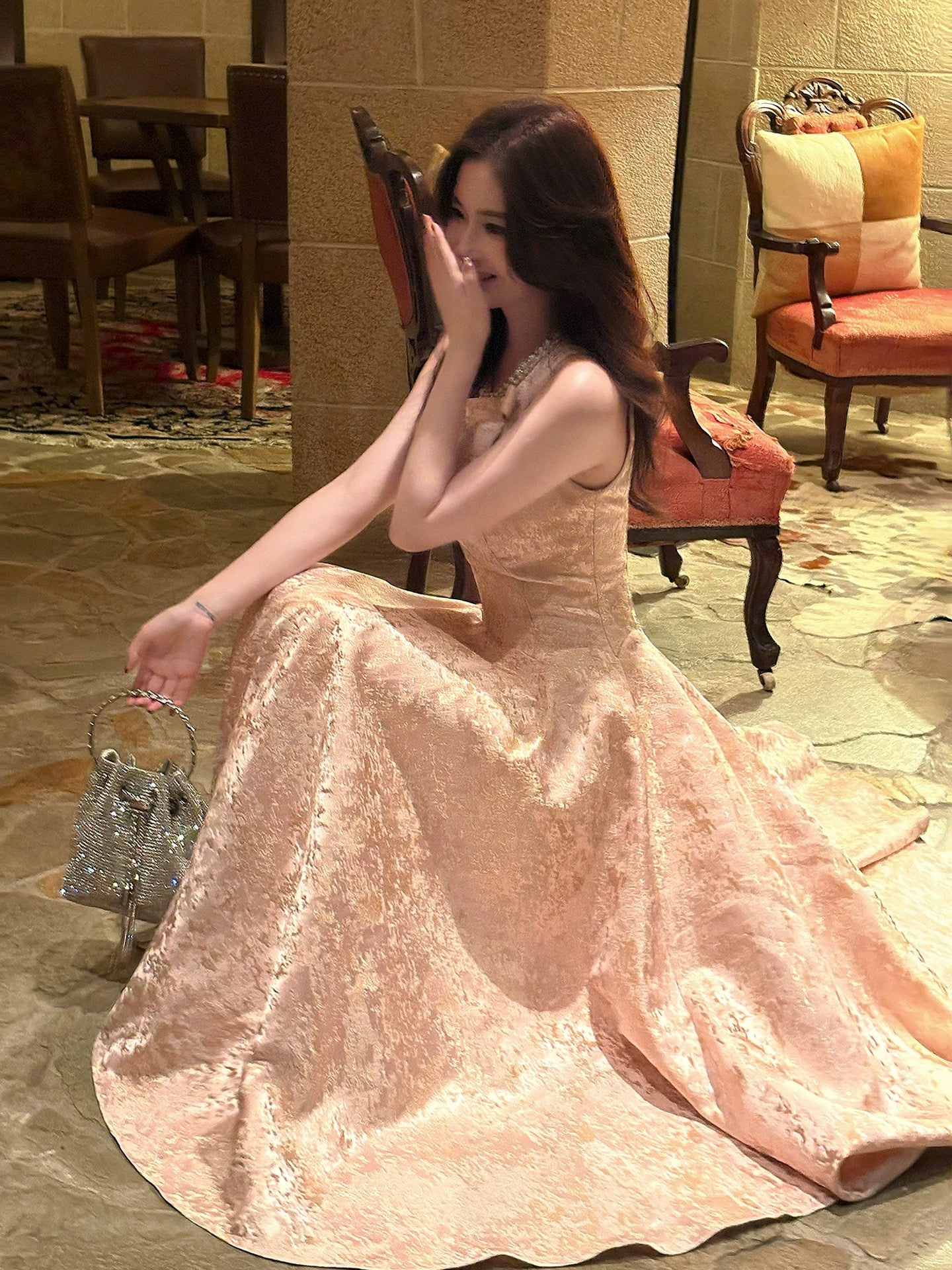 Einfaches A-Linien-Partykleid mit U-Ausschnitt, rosa Satin, knöchellang, für den Abschlussball N2048