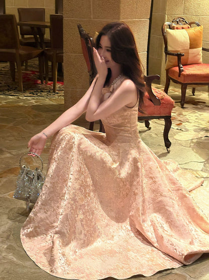 Einfaches A-Linien-Partykleid mit U-Ausschnitt, rosa Satin, knöchellang, für den Abschlussball N2048