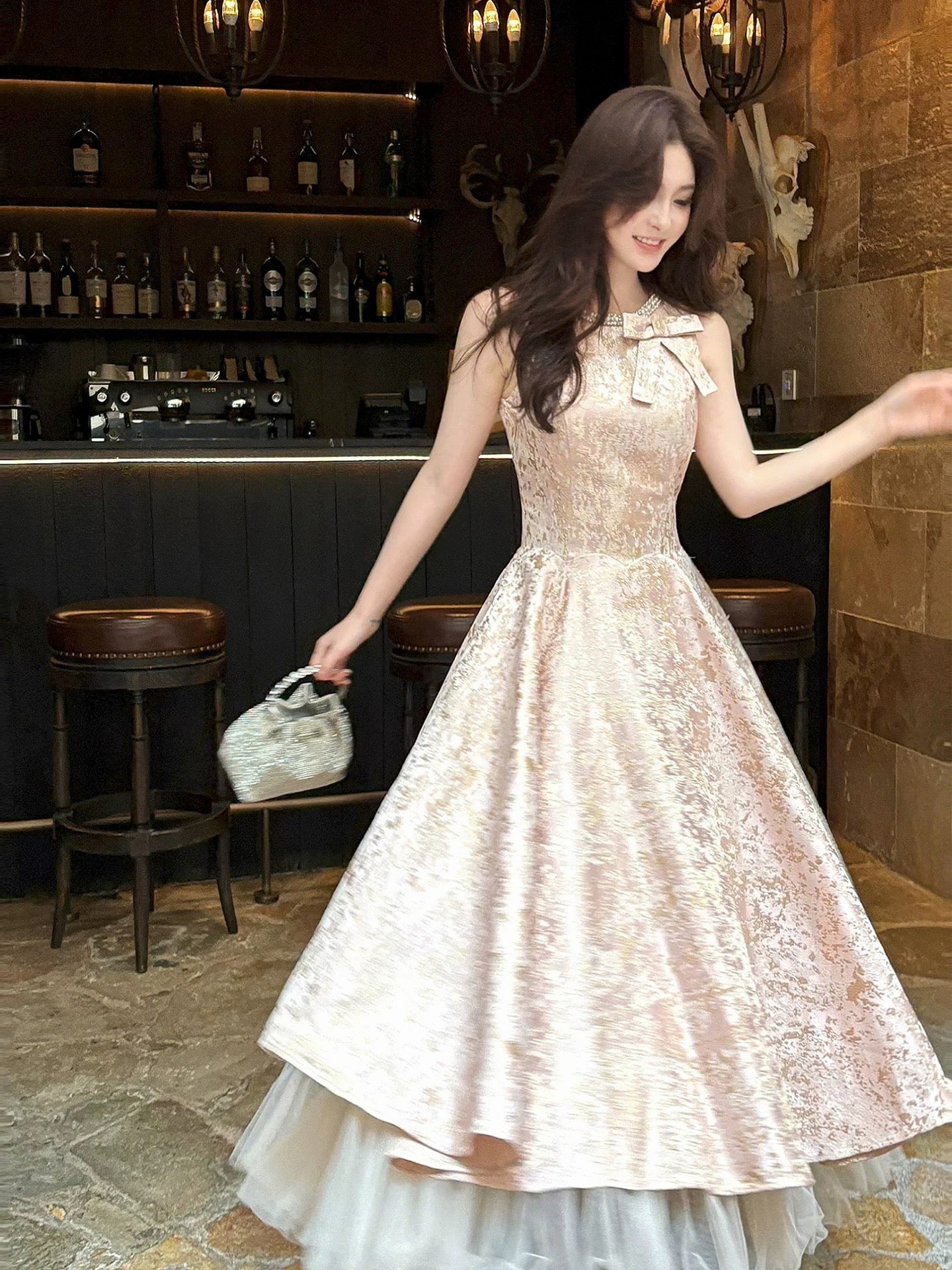 Einfaches A-Linien-Partykleid mit U-Ausschnitt, rosa Satin, knöchellang, für den Abschlussball N2048