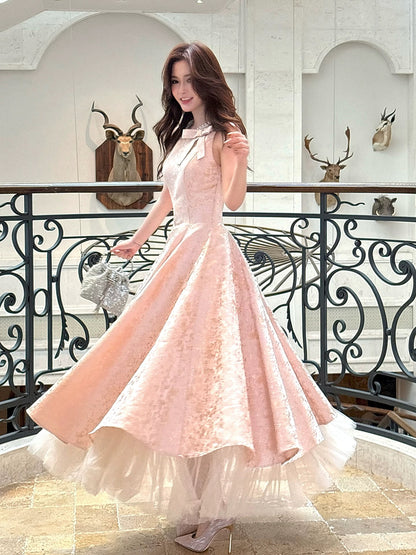 Einfaches A-Linien-Partykleid mit U-Ausschnitt, rosa Satin, knöchellang, für den Abschlussball N2048